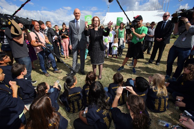 APRIL 18, 2013: CANBERRA, ACT. Prime Minister Julia Gillard and Education Minister Peter Garrett meet with representatives of the Australian Education Union (AEU) on the lawns of Federal Parliament House in Canberra, Australian Capital Territory where the AEU unveiled a 20m banner in support of the Gonski school funding reform. (Photo by Gary Ramage / Newspix) Contact Email: newspix@newsltd.com.au Contact Web URL: www.newspix.com.au Contact Email: newspix@newsltd.com.au