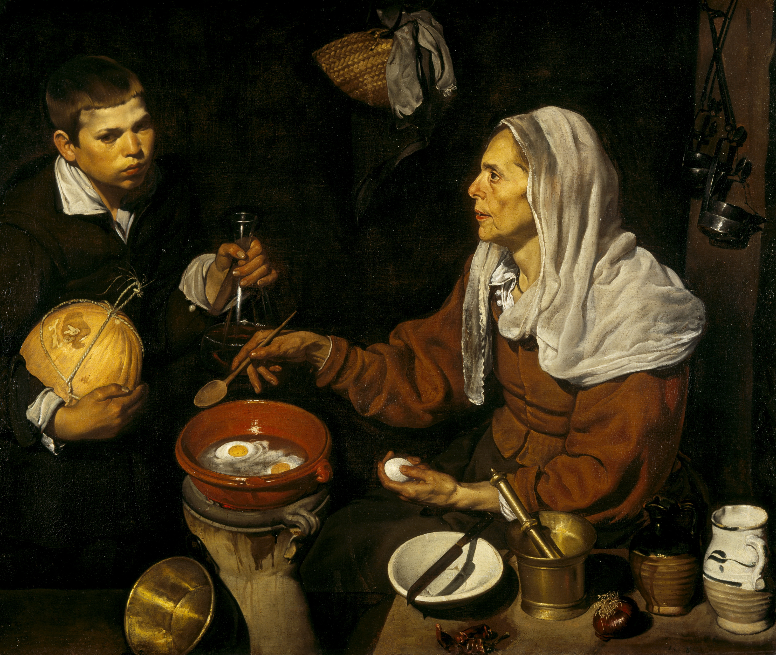 Diego Velázquez An old woman cooking eggs 1618 oil on canvas 100.5 x 119.5 cm Scottish National Gallery, Edinburgh © Trustees of the National Galleries of Scotland ***This image may only be used in conjunction with editorial coverage of The Greats exhibition, 24 Oct 2015 - 14 Feb 2016, at the Art Gallery of New South Wales. This image may not be cropped or overwritten. Prior approval in writing required for use as a cover. Caption details must accompany reproduction of the image. *** Media contact: Lisa.Catt@ag.nsw.gov.au *** Local Caption *** ***This image may only be used in conjunction with editorial coverage of The Greats exhibition, 24 Oct 2015 - 14 Feb 2016, at the Art Gallery of New South Wales. This image may not be cropped or overwritten. Prior approval in writing required for use as a cover. Caption details must accompany reproduction of the image. *** Media contact: Lisa.Catt@ag.nsw.gov.au