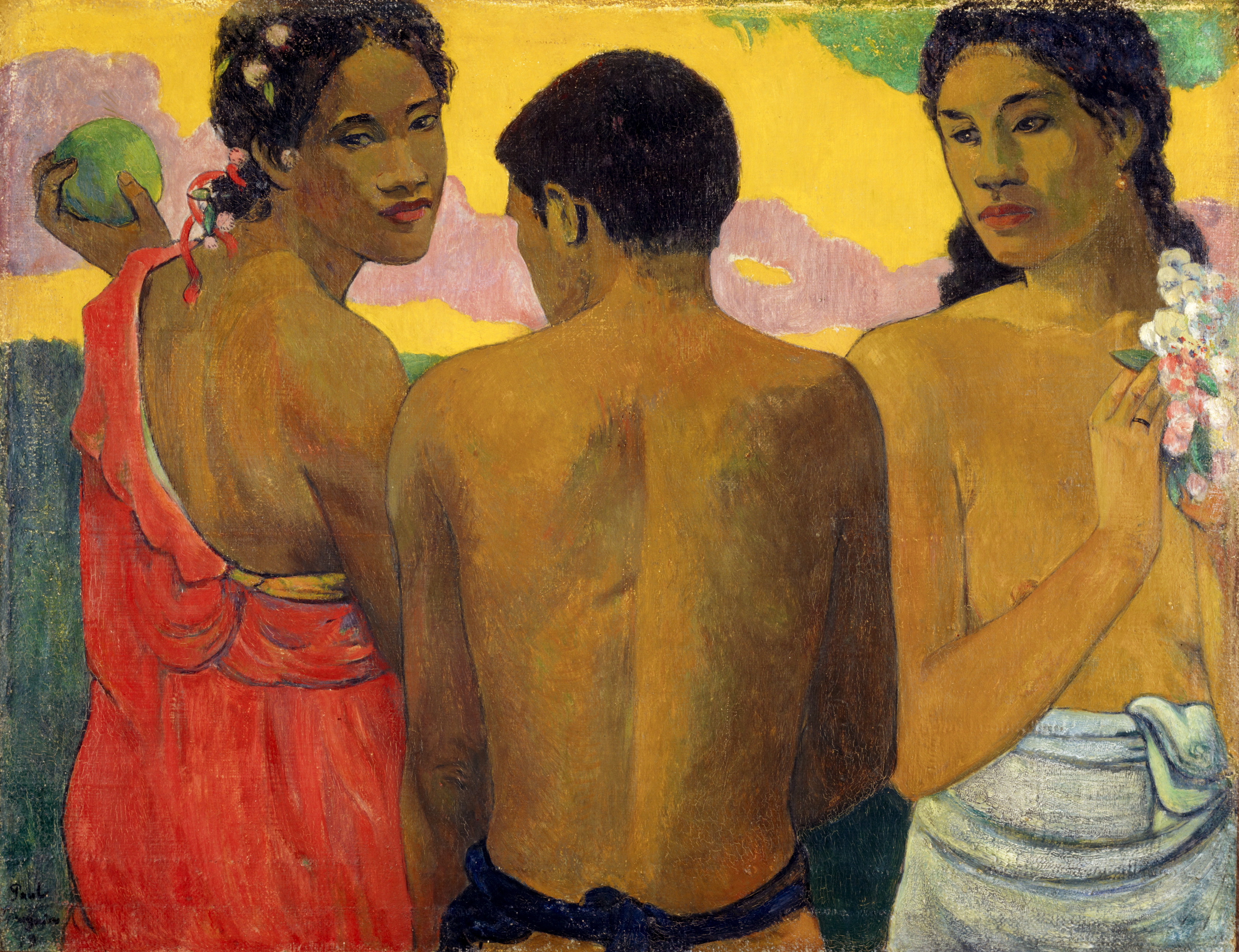 Paul Gauguin Three Tahitians 1899 oil on canvas 73 x 94 cm Scottish National Gallery, Edinburgh © Trustees of the National Galleries of Scotland ***This image may only be used in conjunction with editorial coverage of The Greats exhibition, 24 Oct 2015 - 14 Feb 2016, at the Art Gallery of New South Wales. This image may not be cropped or overwritten. Prior approval in writing required for use as a cover. Caption details must accompany reproduction of the image. *** Media contact: Lisa.Catt@ag.nsw.gov.au *** Local Caption *** ***This image may only be used in conjunction with editorial coverage of The Greats exhibition, 24 Oct 2015 - 14 Feb 2016, at the Art Gallery of New South Wales. This image may not be cropped or overwritten. Prior approval in writing required for use as a cover. Caption details must accompany reproduction of the image. *** Media contact: Lisa.Catt@ag.nsw.gov.au